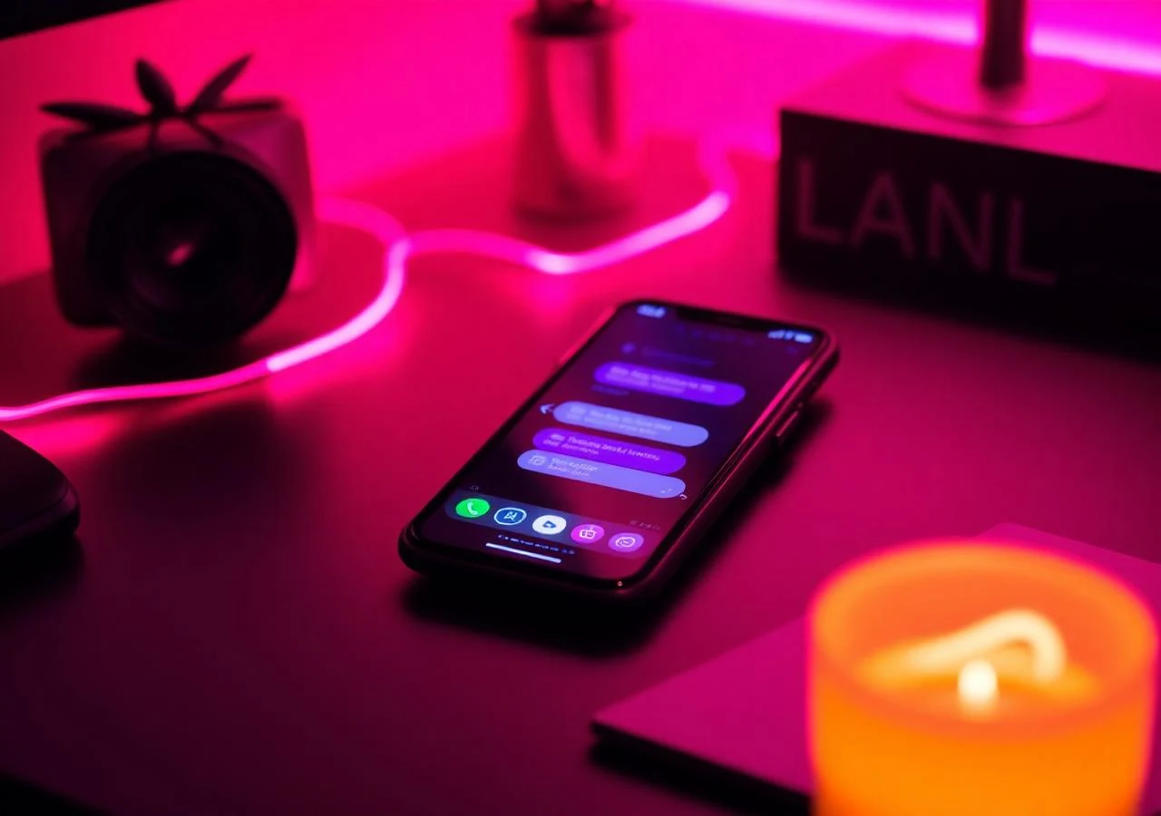 Pink neon chat on a dark desk
